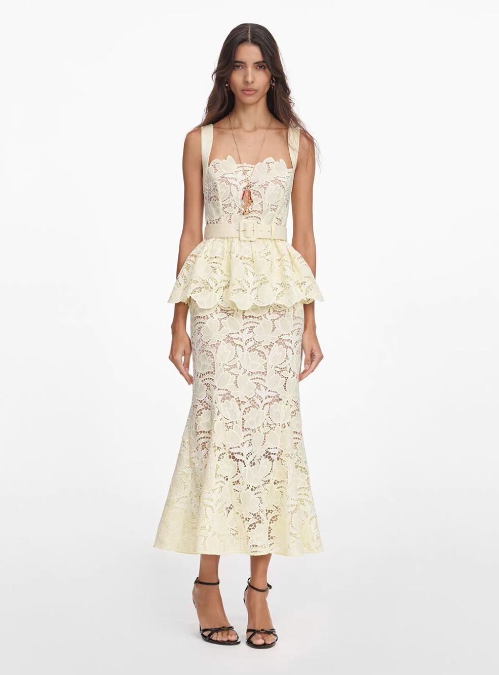 Self-Portrait Yellow Lace Peplum Midi Dress
